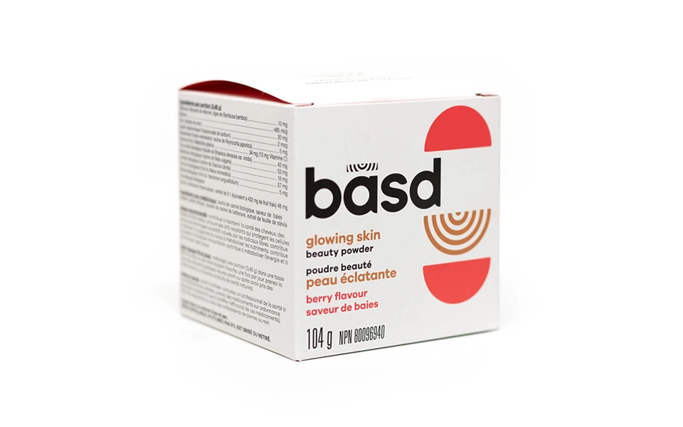 Basd glowing skin beauty powder packaging, exemplifying Ingersoll Paper Box's commitment to innovative and artistically designed cosmetic paper boxes.