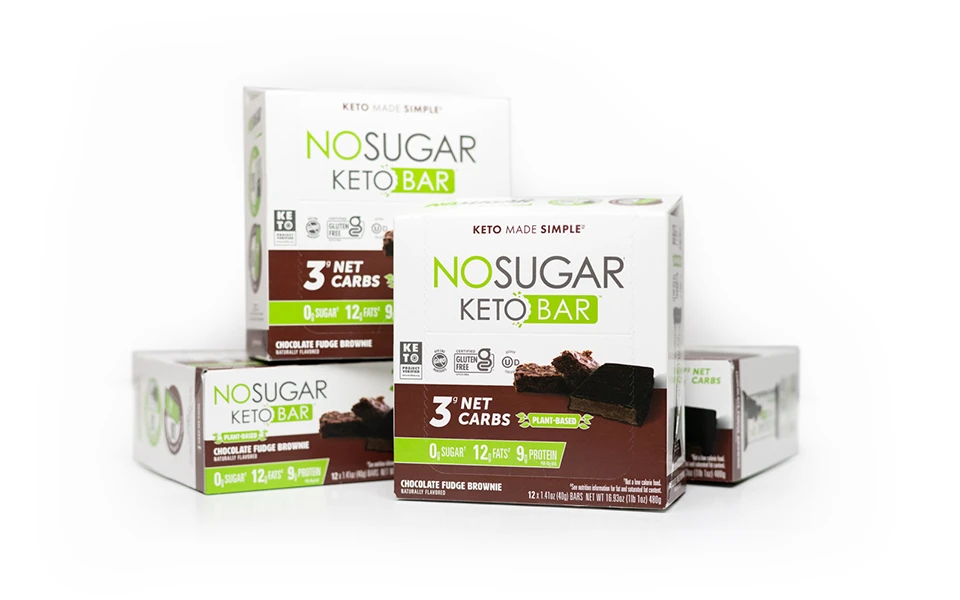 NOSUGAR Keto Bars in custom protective paper boxes, reflecting Ingersoll Paper Box's expertise in fresh and stringent food packaging.