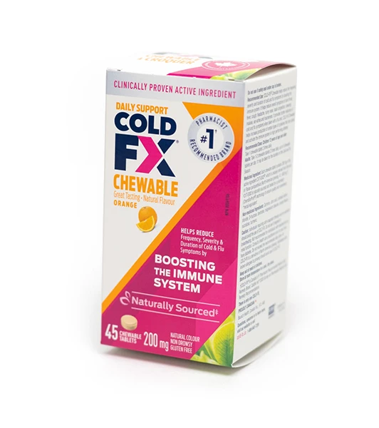 Ingersoll Paper Box crafted packaging for COLD-FX Chewable tablets, enhancing shelf presence for health products with creative paper box solutions.