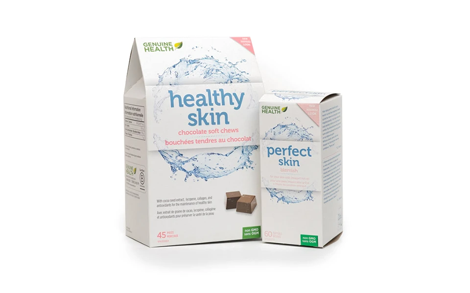 Genuine Health's Healthy Skin and Perfect Skin product boxes, exemplifying Ingersoll Paper Box's support for health and wellness products with innovative packaging solutions.