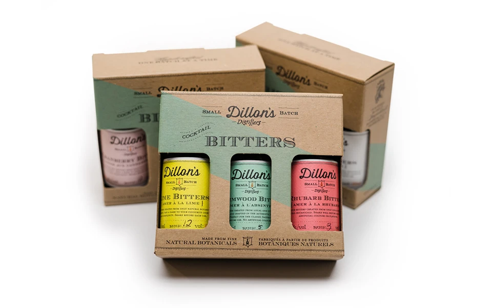 Eco-friendly packaging for Dillon's Small Batch Bitters in various flavors, displaying Ingersoll Paper Box's commitment to bespoke design.