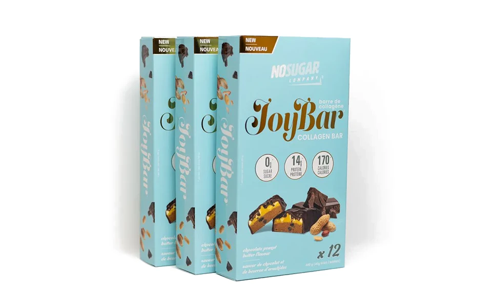 Light blue JoyBar Collagen Bar boxes with health benefits listed, displaying Ingersoll Paper Box's clean and informative packaging style.