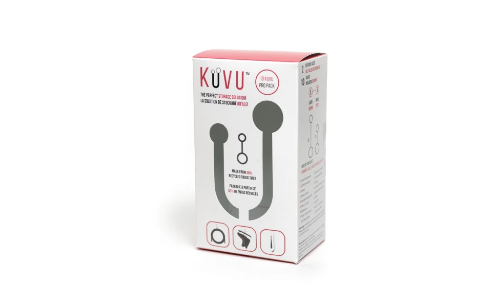 Sleek 'KÜVU' storage solution product packaging with informative icons, highlighting the item's utility and recycled material composition.