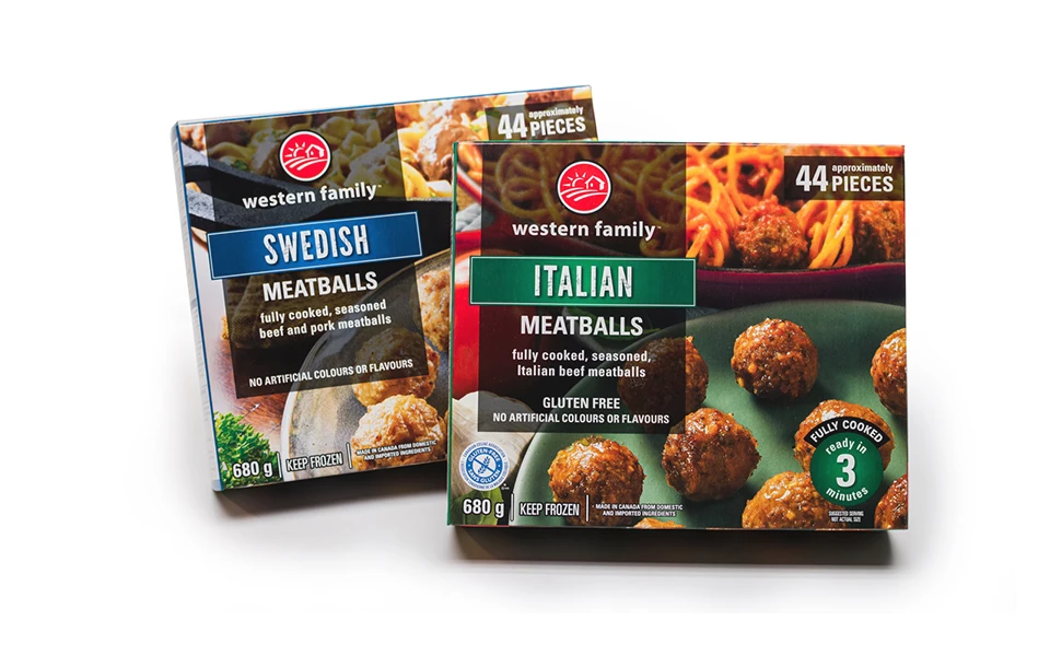 Western Family's Swedish and Italian meatballs in Ingersoll Paper Box packaging, emphasizing clear branding and nutritional information.