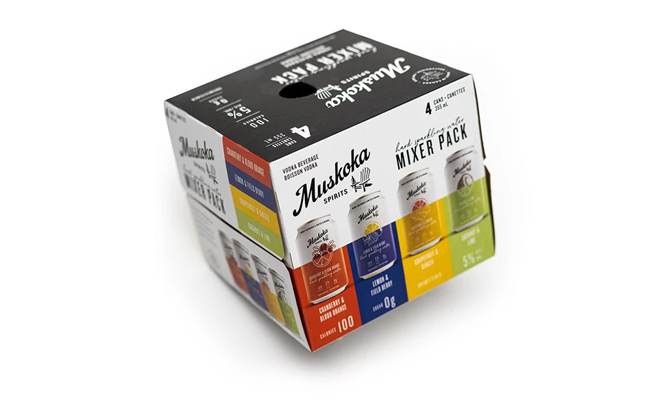 Colorful Muskoka Spirits Vodka Beverage Mixer Pack highlighting Ingersoll Paper Box's vibrant and attractive printing techniques.